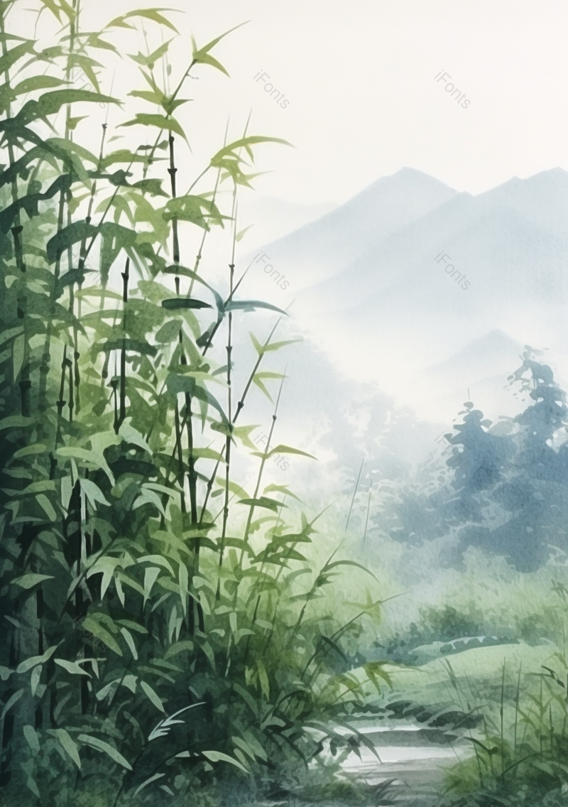中国风水彩画彩色水彩插画竹林竹子竹叶远处的山峰雾气弥漫的背景插画,插画/手绘图,插画/手绘图库,插画/手绘图下载,插画/手绘